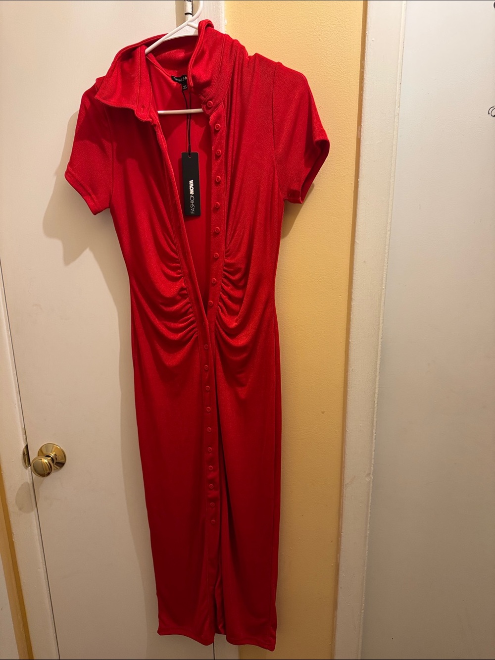 Fashion Nova Red Button-Front Ruched Midi Dress